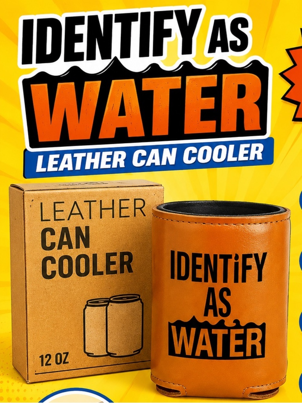 Tan Leather Can Cooler with "Identity As Water" Print